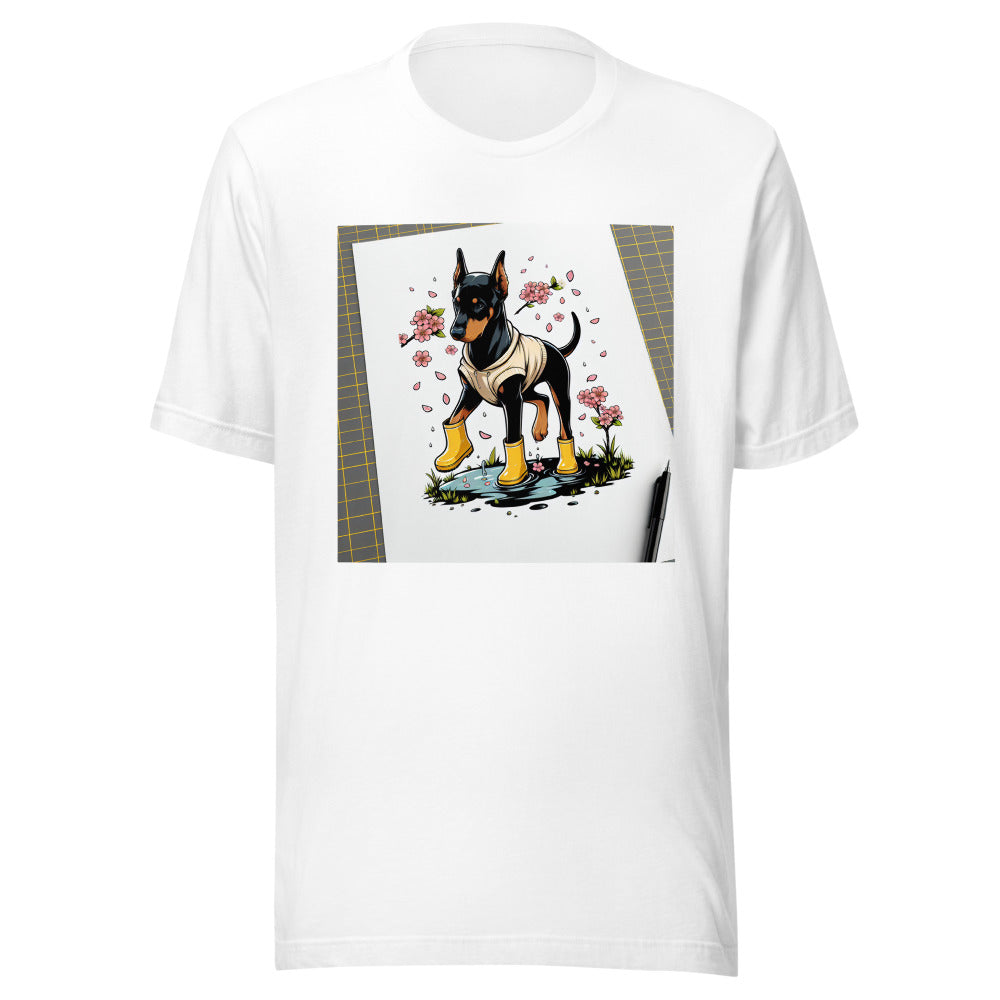 Doberman Spring Rain Boots Shirt | Cute Dog Tee | Doberman Owner Gift | Spring Dog Lover Tshirt | Seasonal Dog Apparel