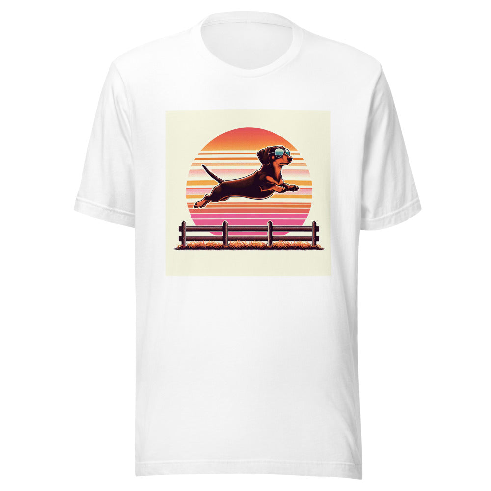 Dachshund Retro Shirt | Wiener Dog Jumping Fence | 70s Vintage Dog Tee | Dachshund Owner Gift | Sausage Dog Lover Shirt